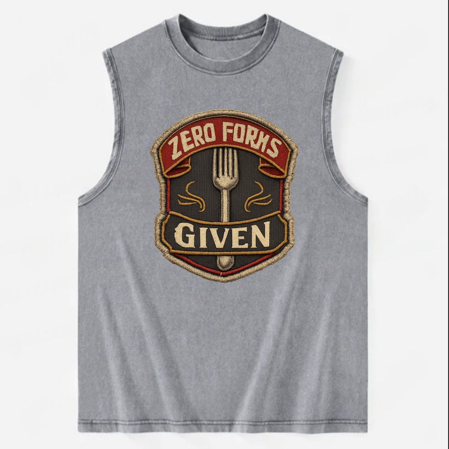 ZERO FORKS GIVEN - fork with text in silver , no cares attitude - Vintage Washed Tank - Grey