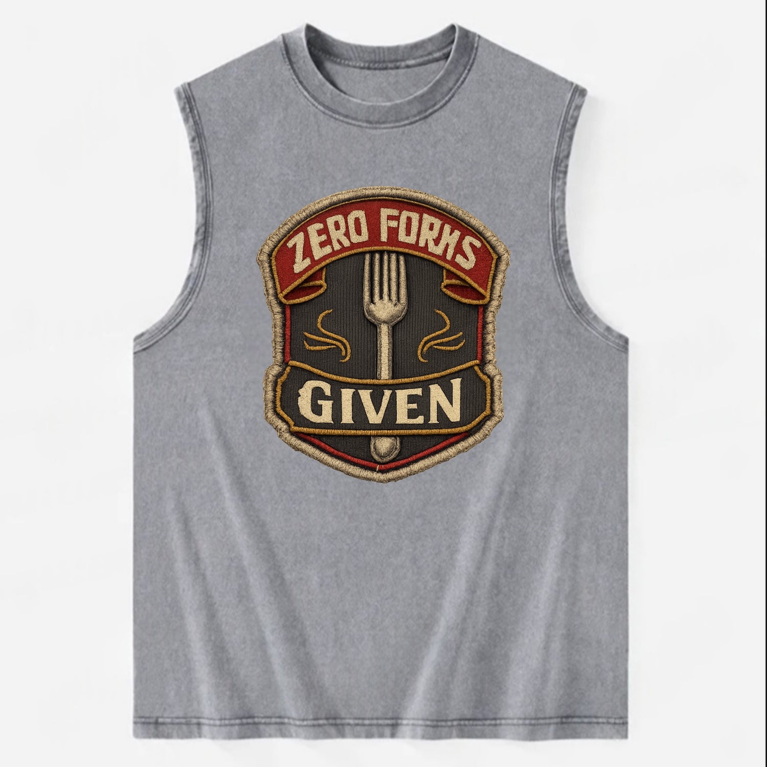 ZERO FORKS GIVEN - fork with text in silver , no cares attitude - Vintage Washed Tank - Grey