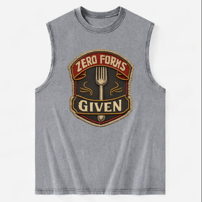 ZERO FORKS GIVEN - fork with text in silver , no cares attitude - Vintage Washed Tank - Grey