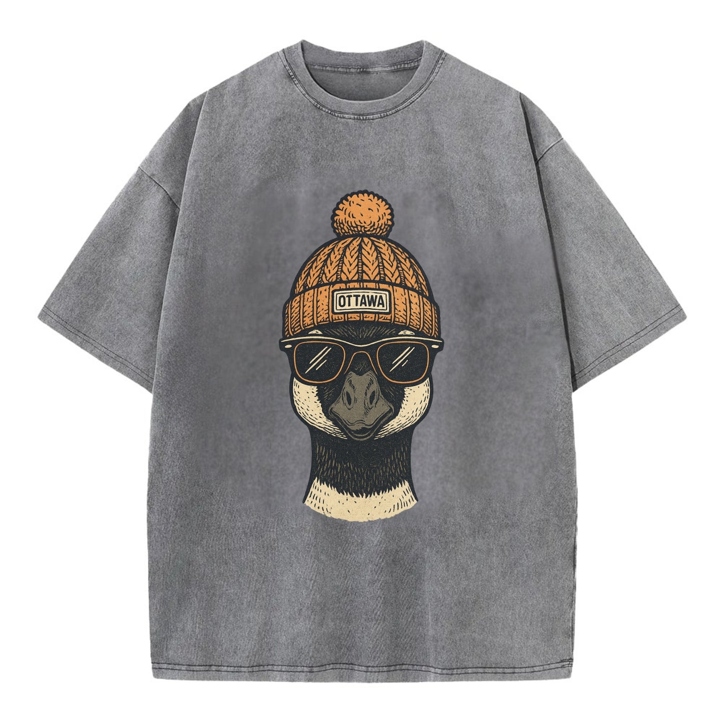 Ottawa Canadian Goose wearing Ottawa beanie with pom pom and wayfarer sunglasses - Vintage T-shirt - Grey