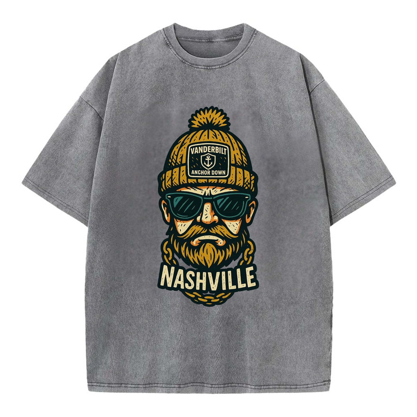 Nashville Commodore wearing Vanderbilt beanie with anchor patch - Vintage T-shirt - Grey