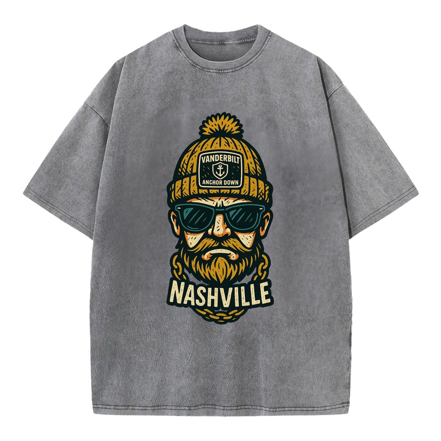 Nashville Commodore wearing Vanderbilt beanie with anchor patch - Vintage T-shirt - Grey