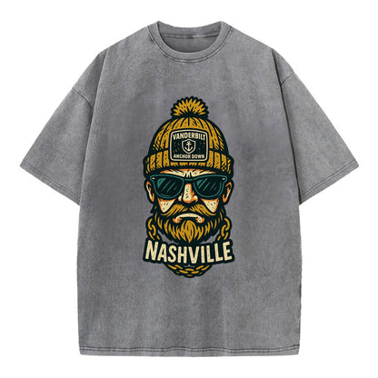 Nashville Commodore wearing Vanderbilt beanie with anchor patch - Vintage T-shirt - Grey