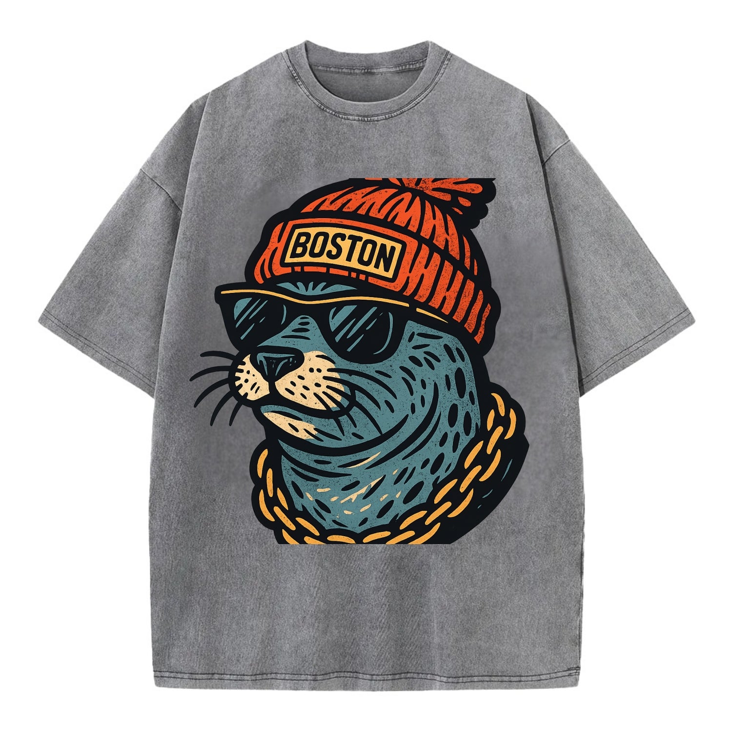 Boston Harbor Seal wearing Boston beanie with pom pom and wayfarer sunglasses - Vintage T-shirt - Grey