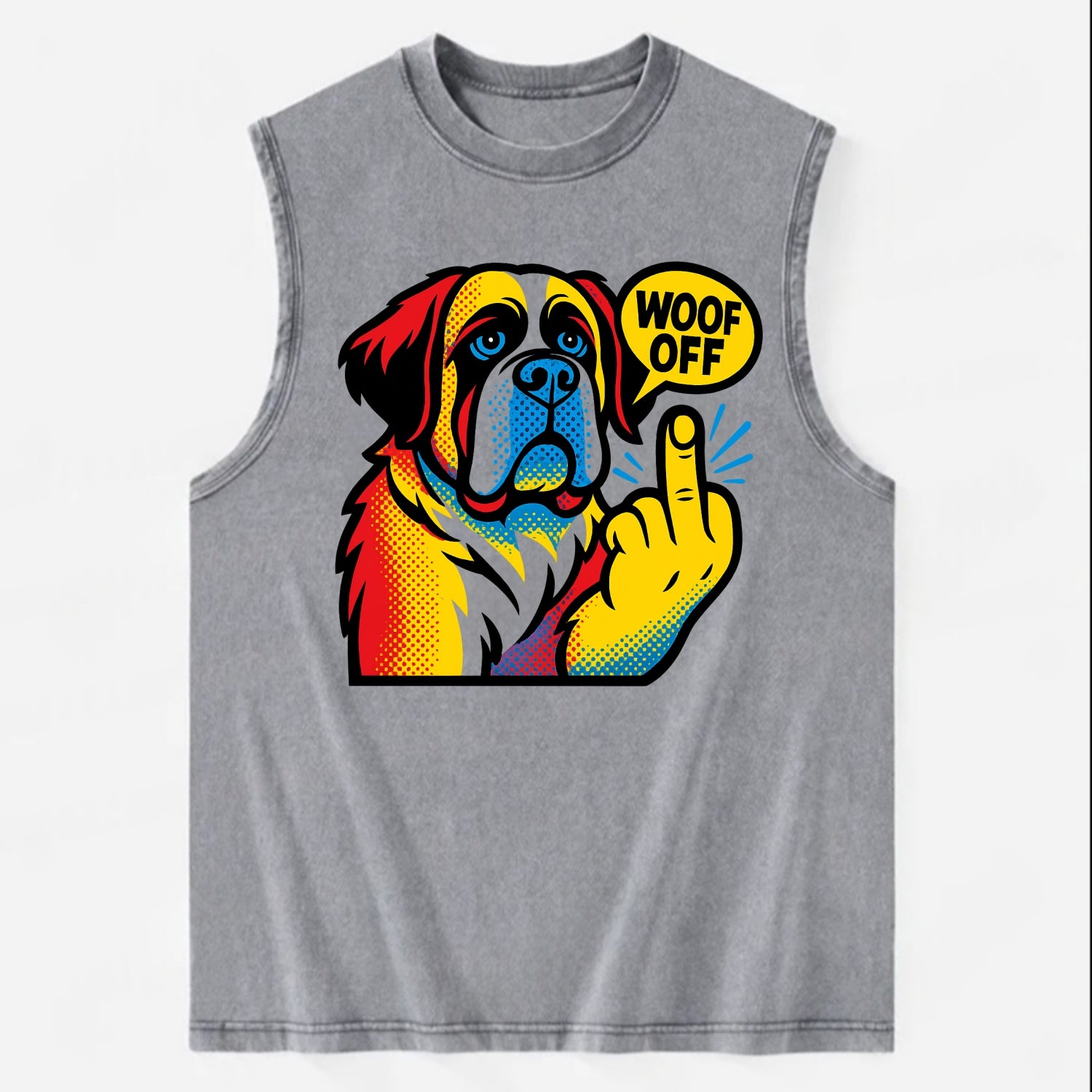Saint Bernard with gentle giant face and droopy jowls, huge paw raised - Vintage Washed Tank - Grey