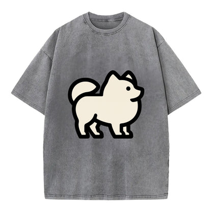 Pomeranian - Modern tiny fluffy logo wit - Vintage T-shirt - Grey