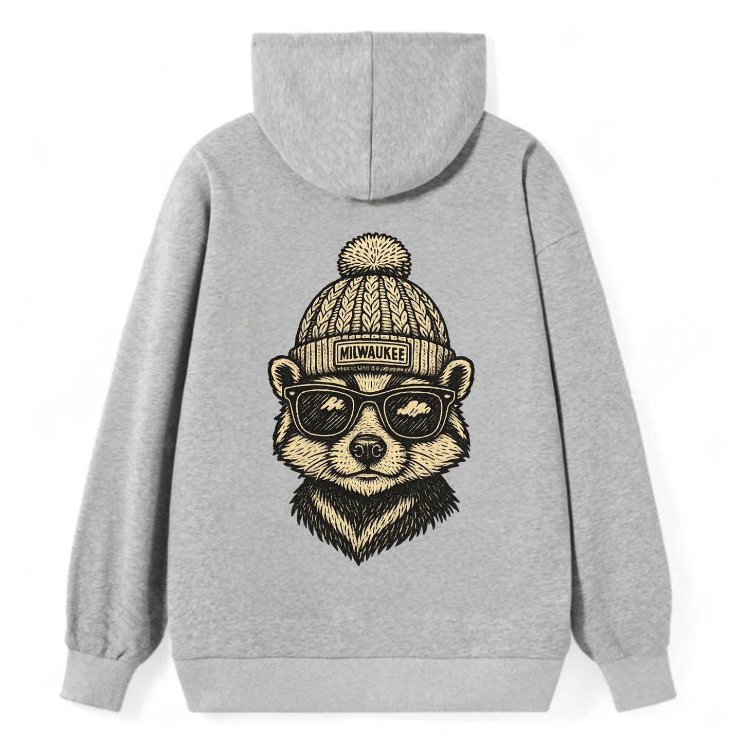 Wisconsin Badger wearing Milwaukee beanie with pom pom and wayfarer - Classic Pullover Hoodie - Grey