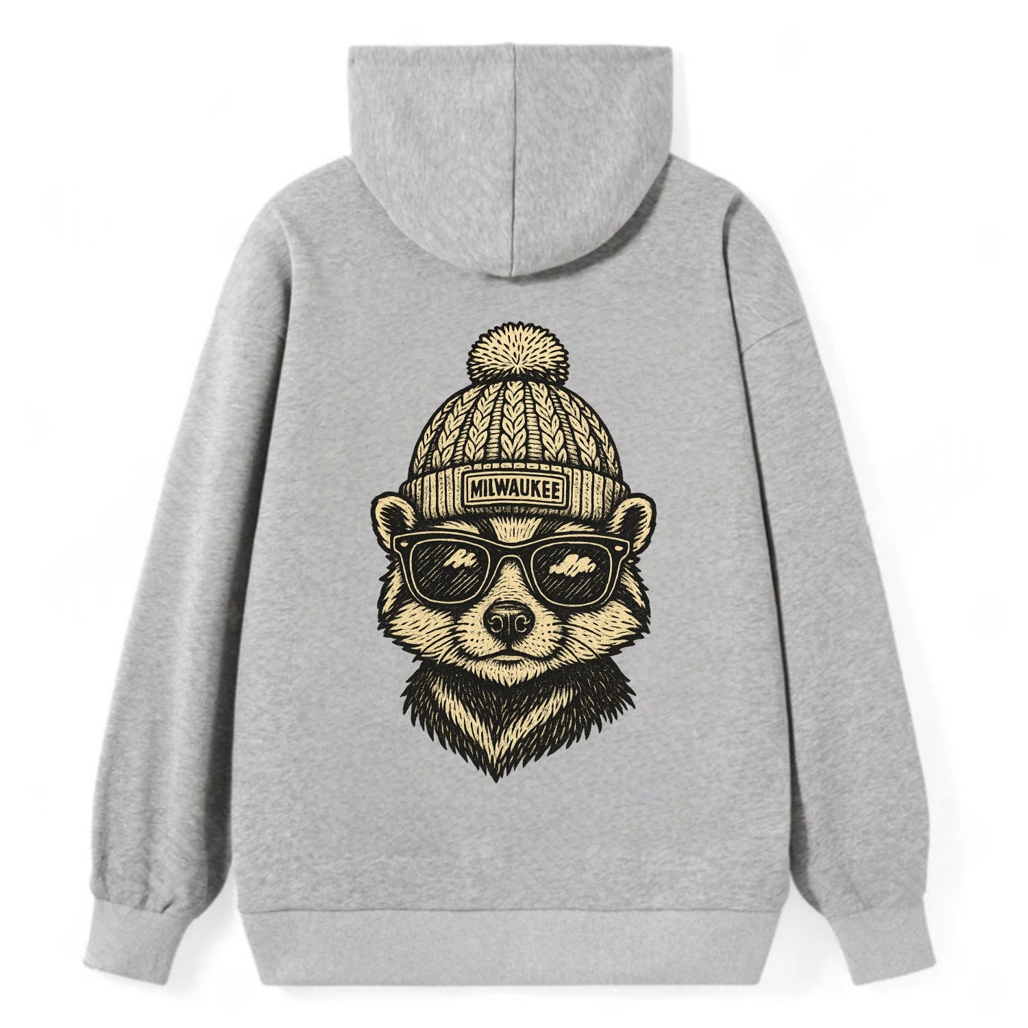 Wisconsin Badger wearing Milwaukee beanie with pom pom and wayfarer - Classic Pullover Hoodie - Grey
