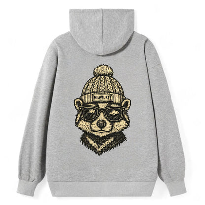 Wisconsin Badger wearing Milwaukee beanie with pom pom and wayfarer - Classic Pullover Hoodie - Grey