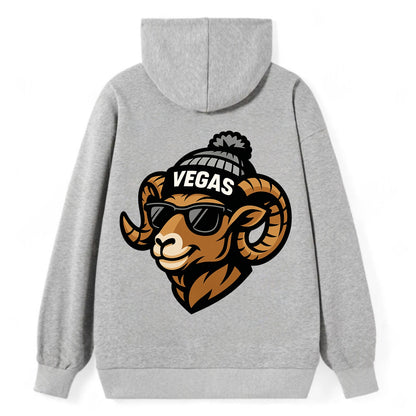 Vegas Desert Bighorn wearing Raiders silver and black beanie with pom pom - Classic Pullover Hoodie - Grey