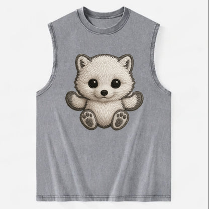 Baby Arctic Fox - white fluffy, tiny black nose, bright curious eyes, - Vintage Washed Tank - Grey