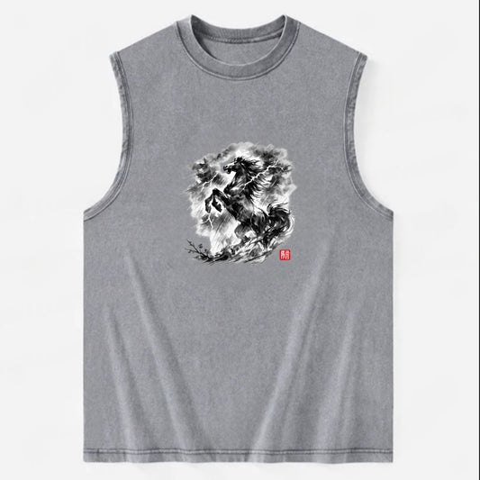 THUNDER HORSE | Storm horse with lightning elements | Dramatic storm clouds - Vintage Washed Tank - Grey