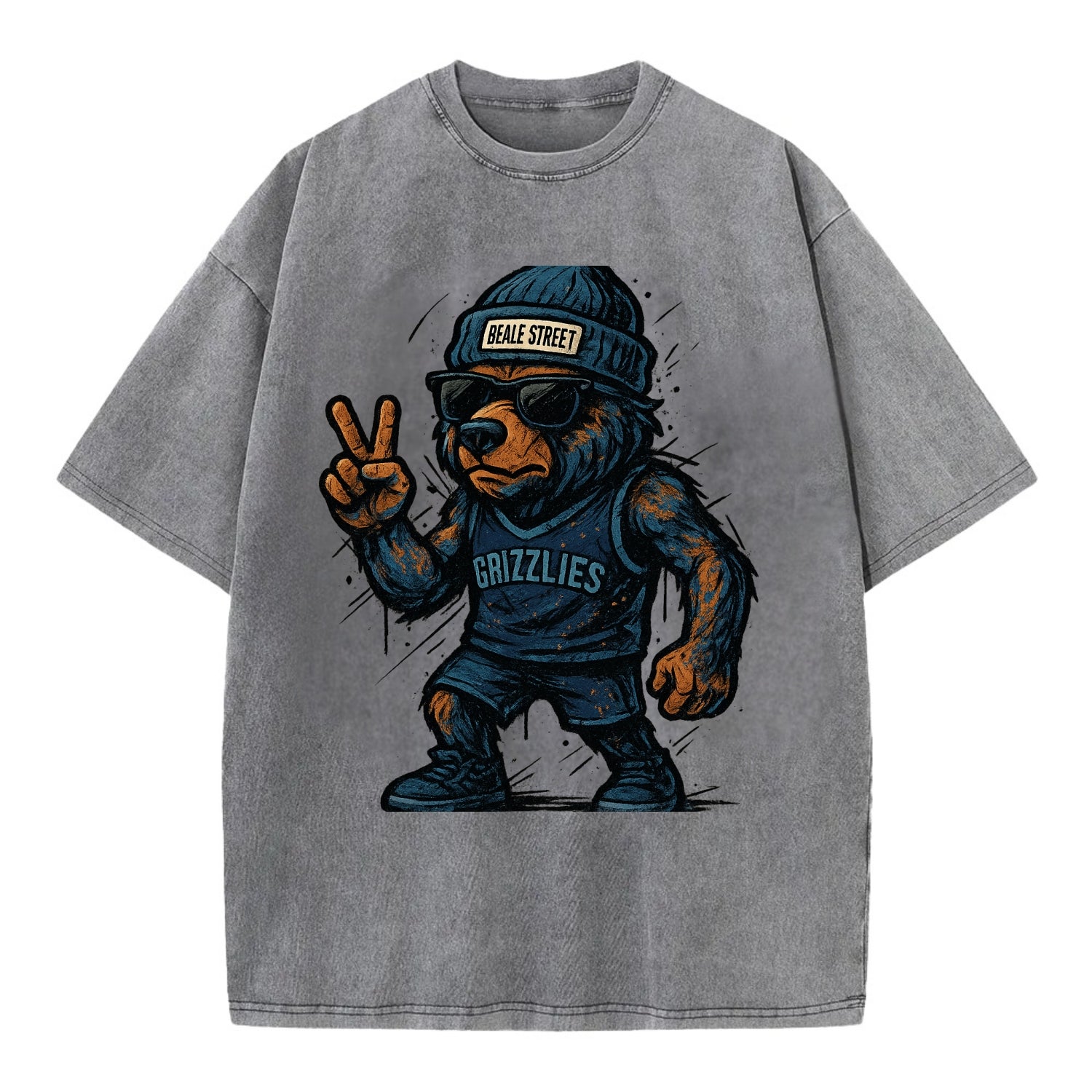 Memphis Grizzly Bear wearing Grizzlies navy and light blue beanie with Beale - Vintage T-shirt - Grey