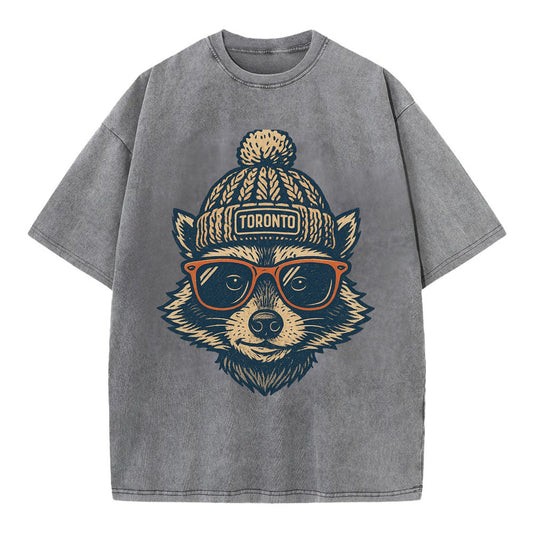 Toronto Raccoon wearing Toronto beanie w - Vintage T-shirt - Grey