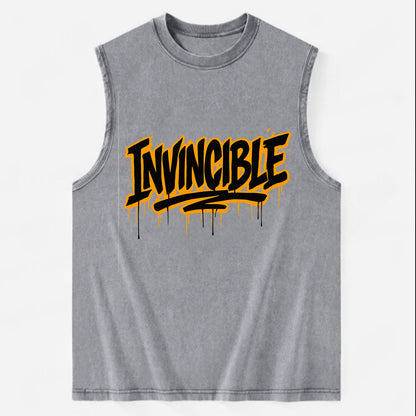 Bold typography design - "INVINCIBLE" - cannot be defeated, unconquerable - Vintage Washed Tank - Grey