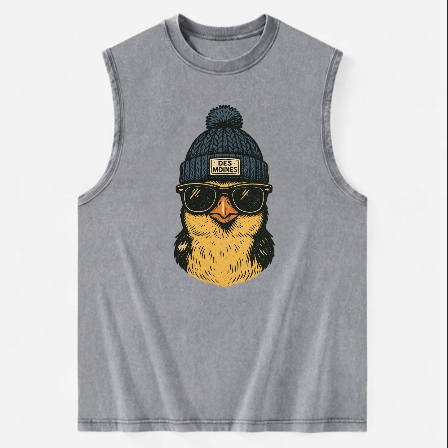 Iowa Goldfinch wearing Des Moines beanie with pom pom and wayfarer sunglasses - Vintage Washed Tank - Grey