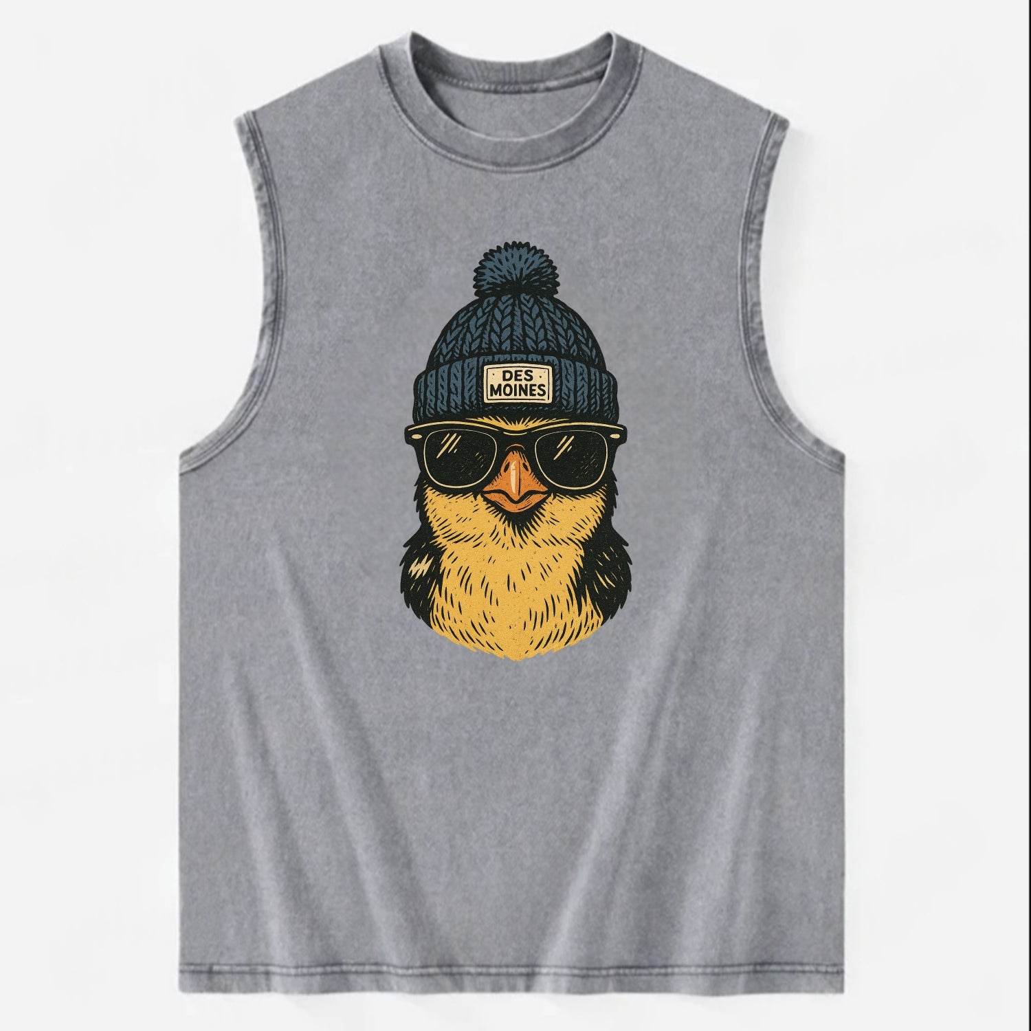 Iowa Goldfinch wearing Des Moines beanie with pom pom and wayfarer sunglasses - Vintage Washed Tank - Grey