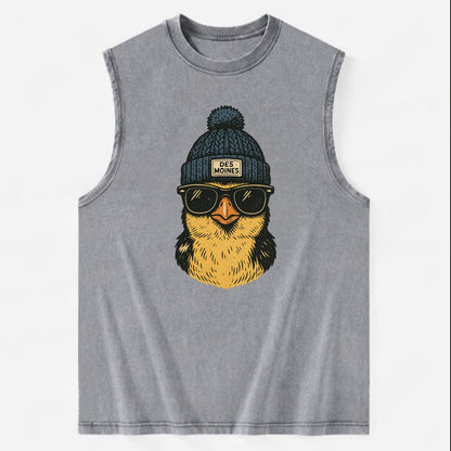Iowa Goldfinch wearing Des Moines beanie with pom pom and wayfarer sunglasses - Vintage Washed Tank - Grey