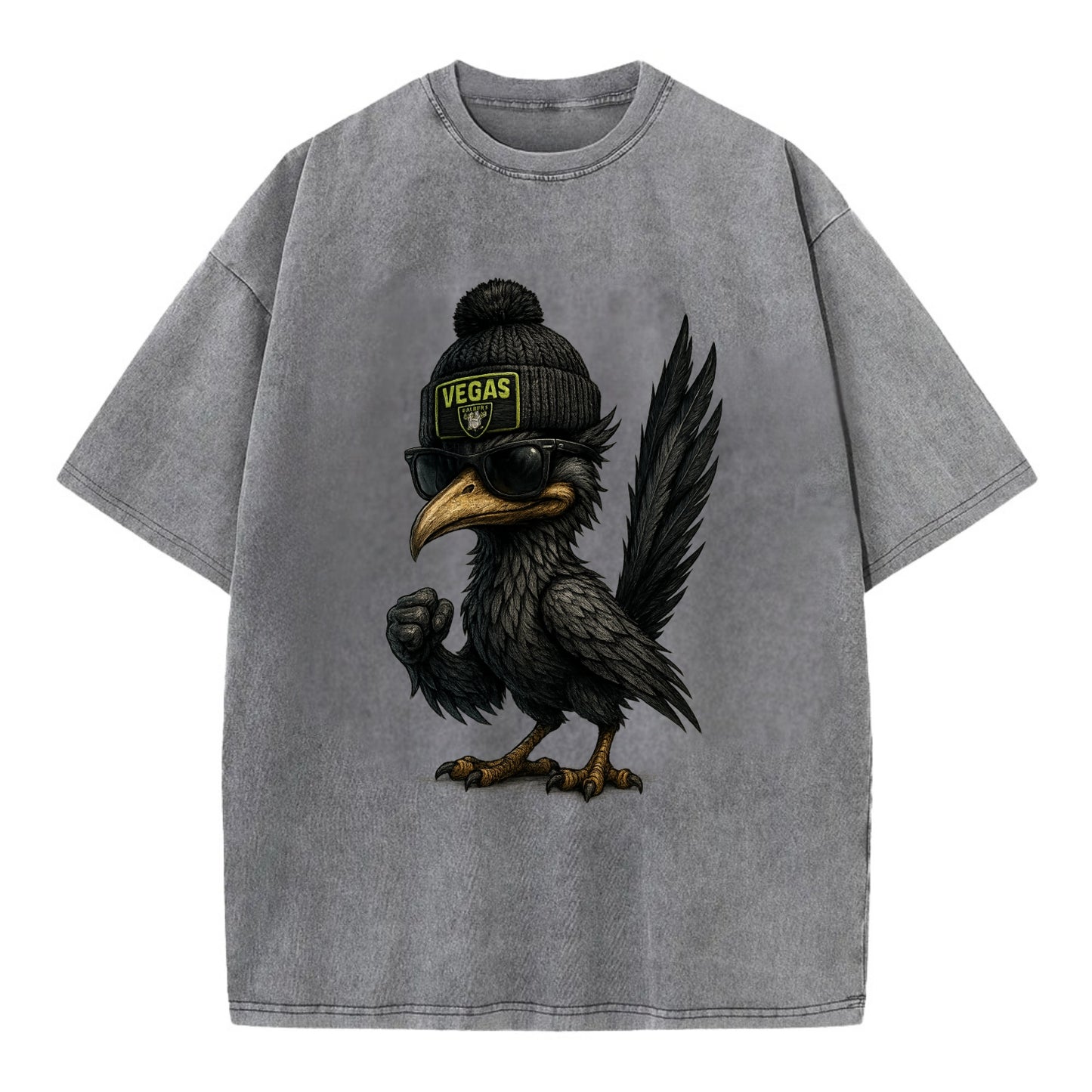 Vegas Roadrunner wearing Raiders beanie with neon patch and wayfarer sunglasses - Vintage T-shirt - Grey