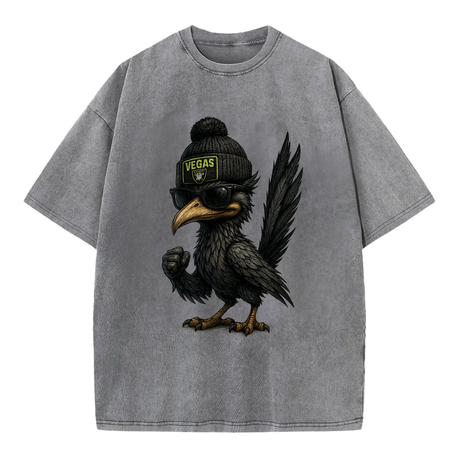 Vegas Roadrunner wearing Raiders beanie with neon patch and wayfarer sunglasses - Vintage T-shirt - Grey