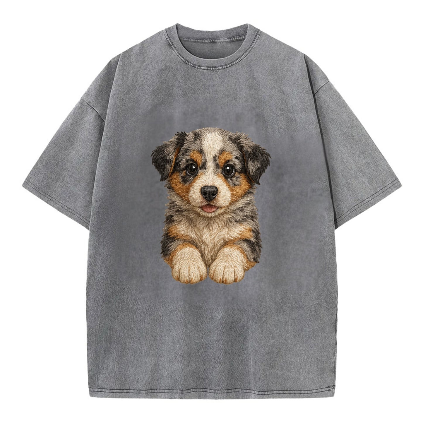 Baby Australian Shepherd Puppy - merle coat, bright eyes, fluffy, front-facing, - Vintage T-shirt - Grey