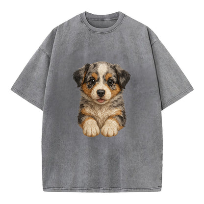Baby Australian Shepherd Puppy - merle coat, bright eyes, fluffy, front-facing, - Vintage T-shirt - Grey