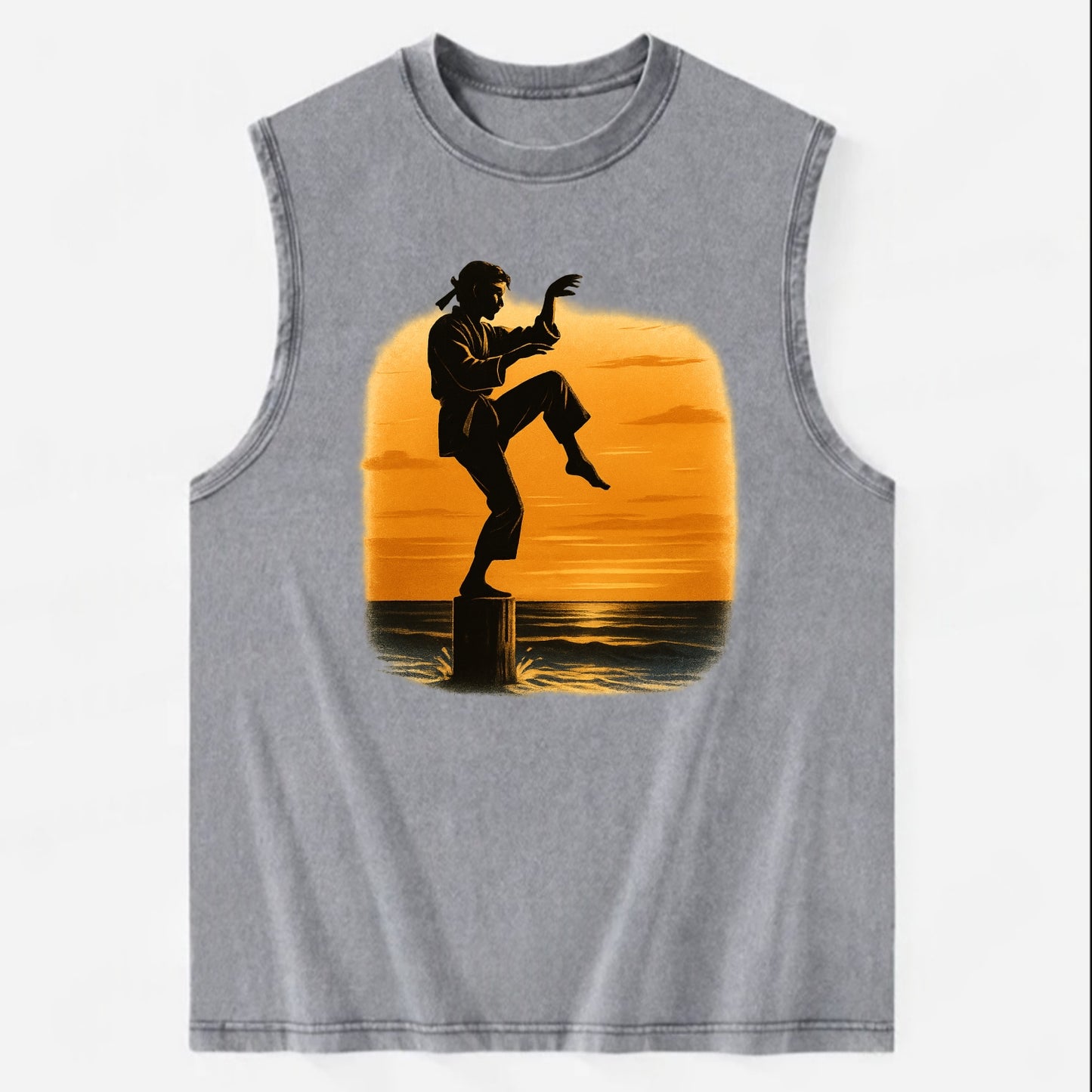 karate crane kick pose on wooden post at beach sunset - Vintage Washed Tank - Grey