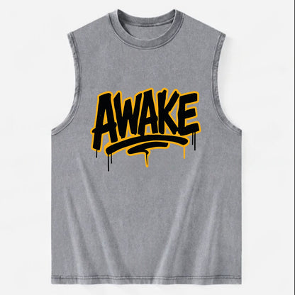 Bold typography design - "AWAKE" - conscious, aware, alert - Vintage Washed Tank - Grey