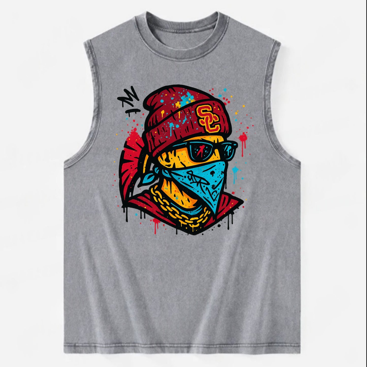 Los Angeles Trojan wearing USC beanie with SC patch - Vintage Washed Tank - Grey