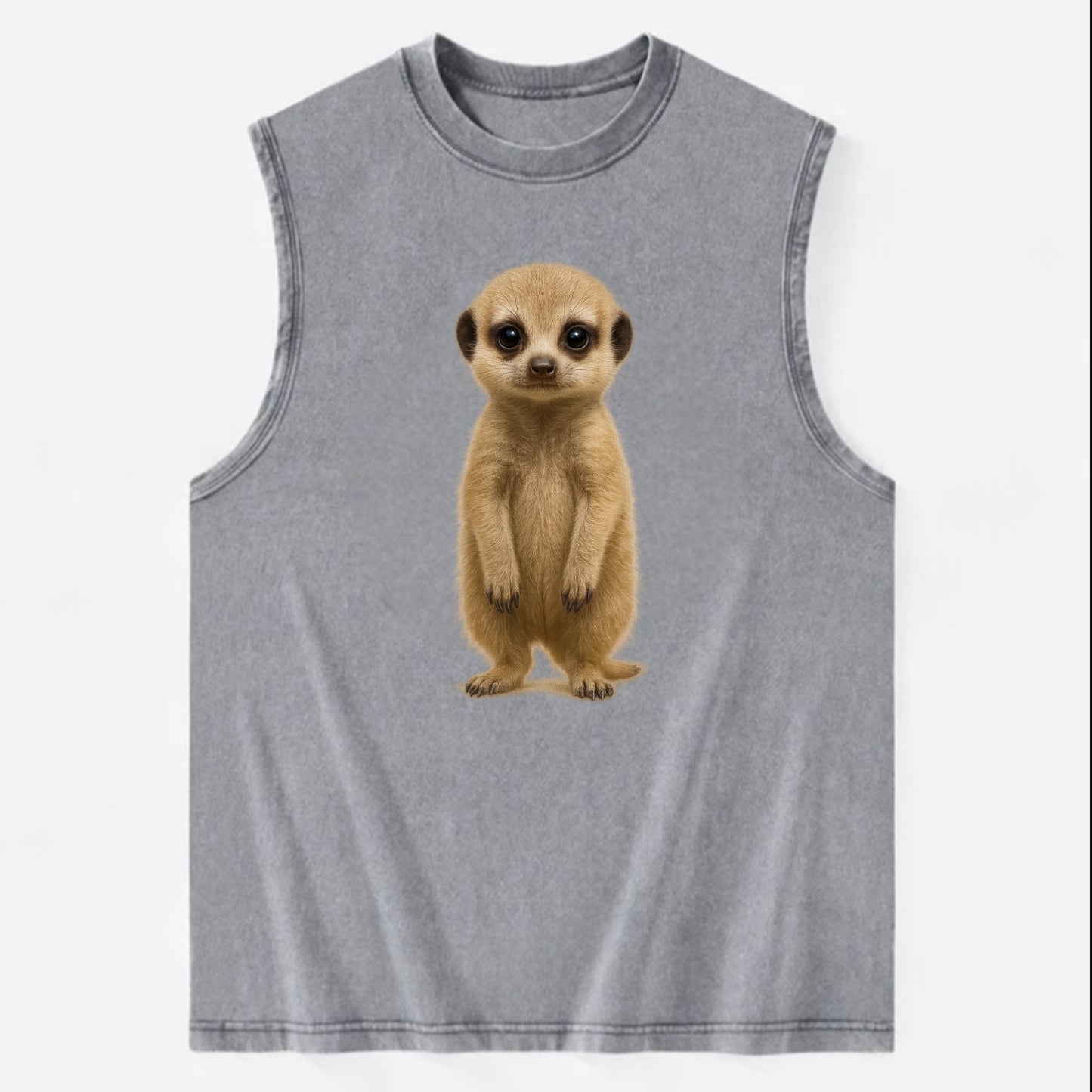 Baby Meerkat - tan fur, dark eye patches, alert stance, bright eyes, - Vintage Washed Tank - Grey