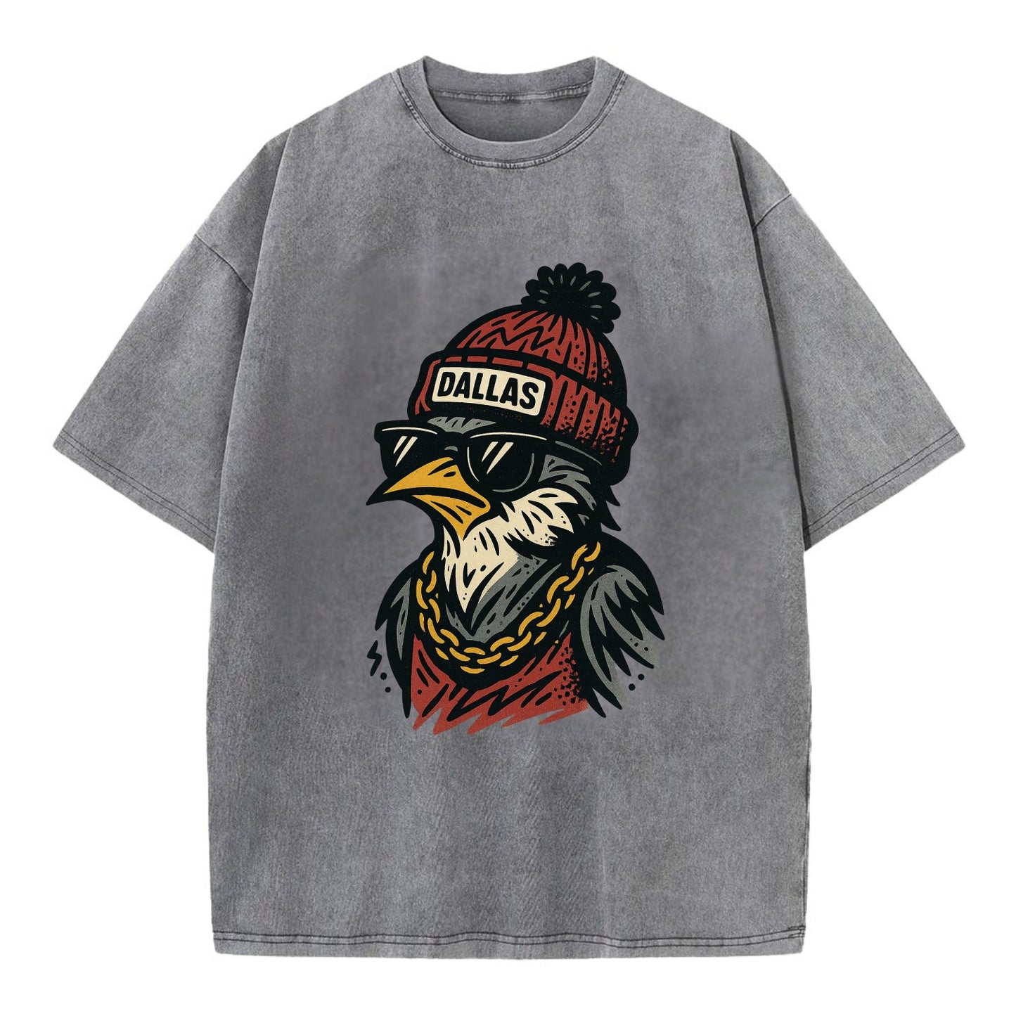 Dallas Mockingbird wearing Dallas beanie with pom pom and wayfarer sunglasses - Vintage T-shirt - Grey