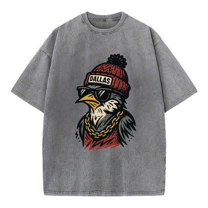 Dallas Mockingbird wearing Dallas beanie with pom pom and wayfarer sunglasses - Vintage T-shirt - Grey