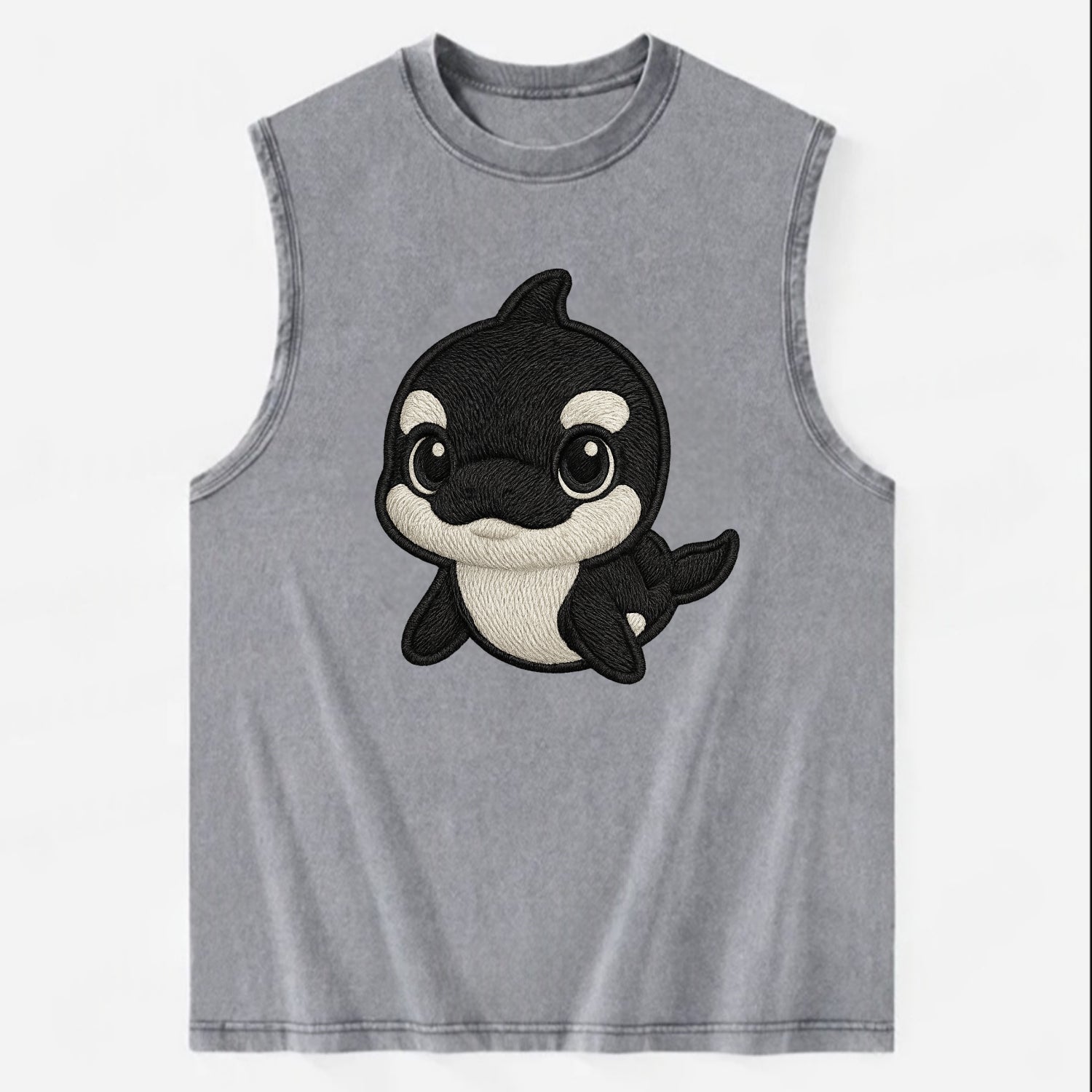 Baby Orca - black and white pattern, white eye patch, front-facing, curious - Vintage Washed Tank - Grey