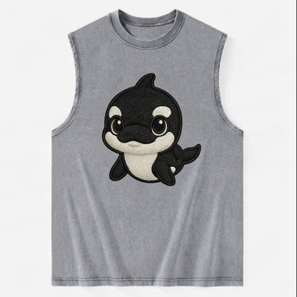 Baby Orca - black and white pattern, white eye patch, front-facing, curious - Vintage Washed Tank - Grey