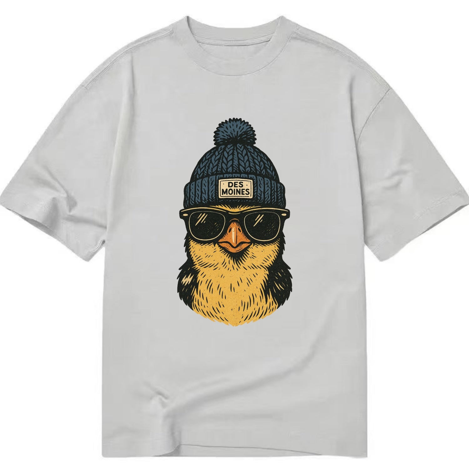Iowa Goldfinch wearing Des Moines beanie with pom pom and wayfarer sunglasses - Classic T-shirt - Grey