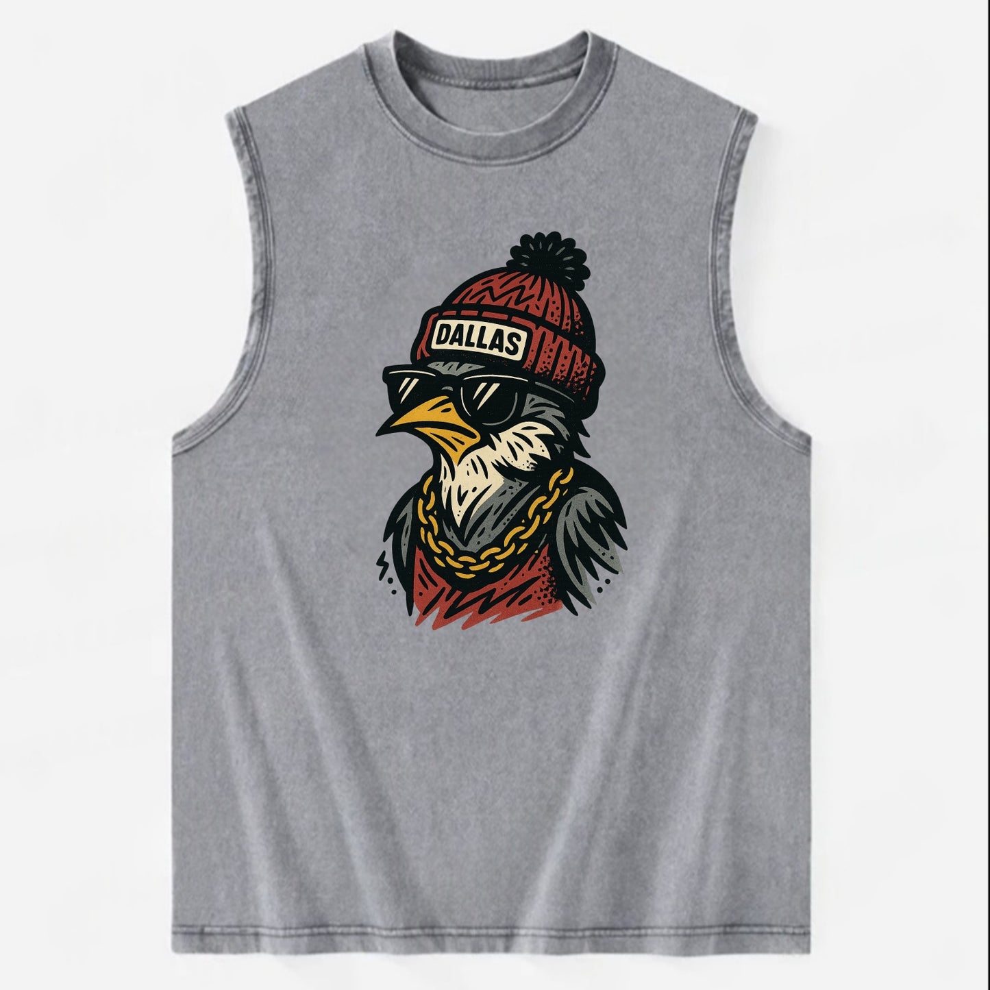 Dallas Mockingbird wearing Dallas beanie with pom pom and wayfarer sunglasses - Vintage Washed Tank - Grey