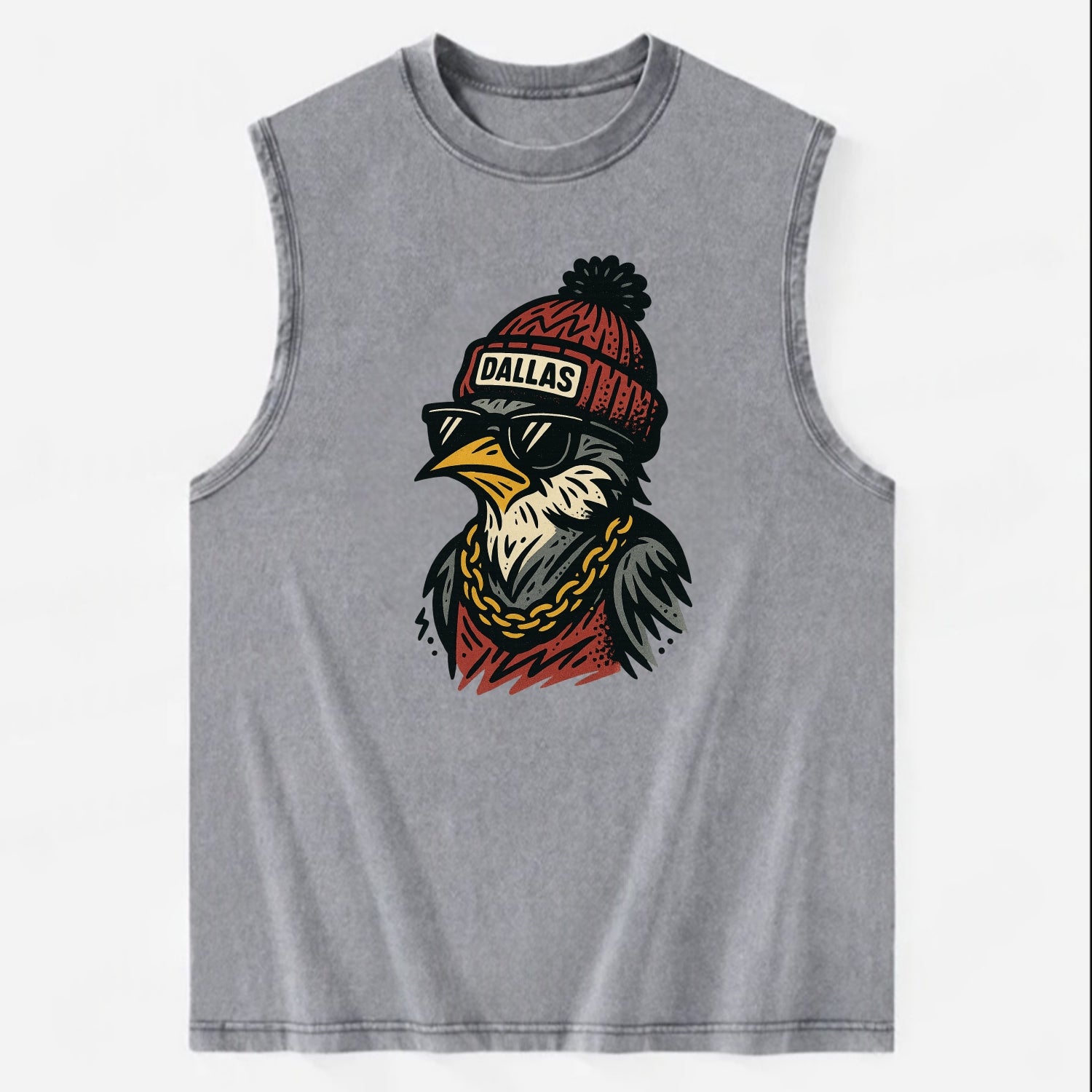 Dallas Mockingbird wearing Dallas beanie with pom pom and wayfarer sunglasses - Vintage Washed Tank - Grey