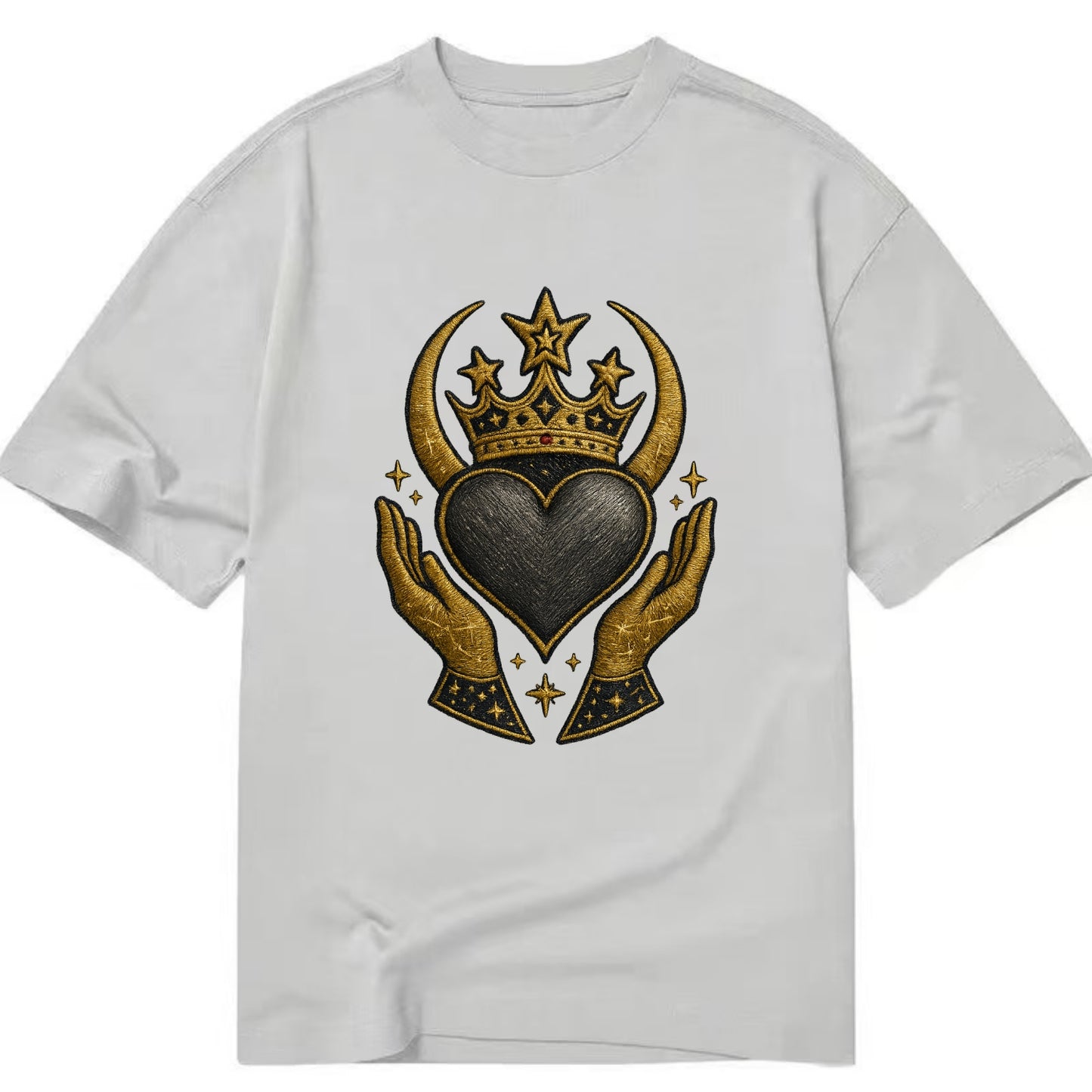 Celtic knot crown with woven strands merging into copper hands shielding a pewter - Classic T-shirt - Grey