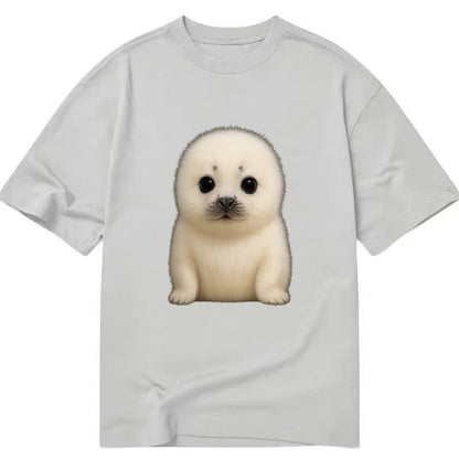 Baby Harp Seal - pure white fluffy fur, enormous dark eyes, front-facing, iconic - Classic T-shirt - Grey