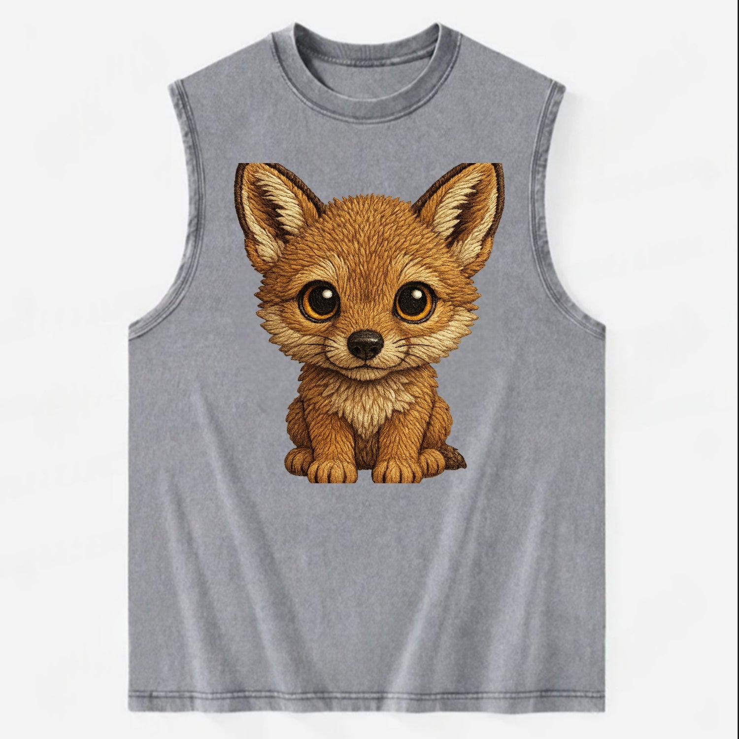 Baby Coyote Pup - tan fur, large ears, golden eyes, front-facing, clever baby - Vintage Washed Tank - Grey