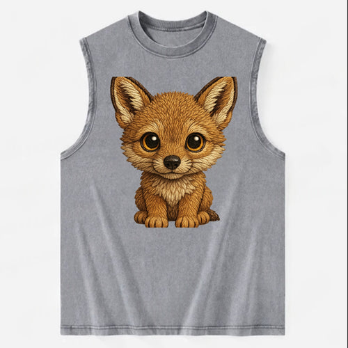 Baby Coyote Pup - tan fur, large ears, golden eyes, front-facing, clever baby - Vintage Washed Tank