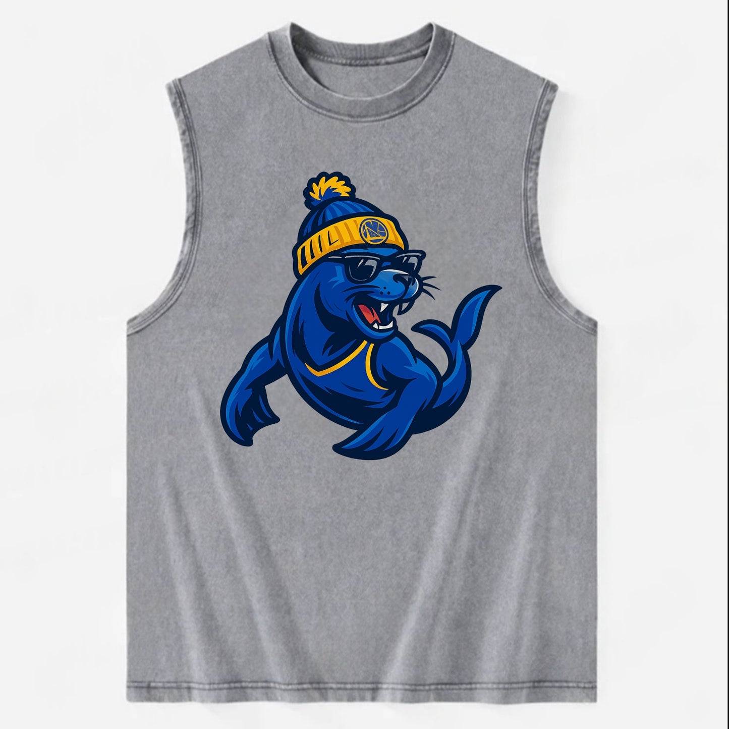 Bay Area Sea Lion wearing Warriors blue and gold beanie with Golden Gate and - Vintage Washed Tank - Grey