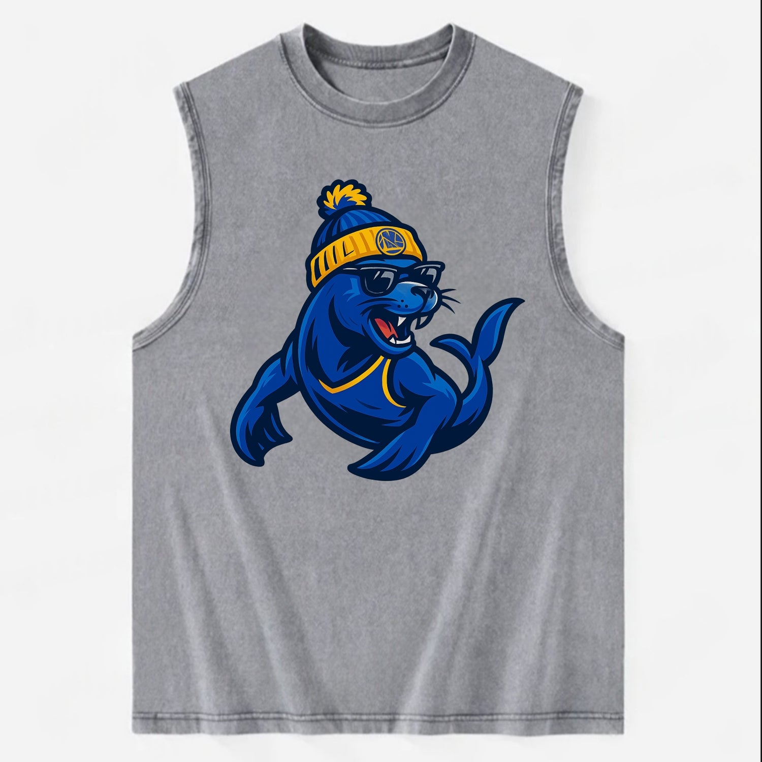 Bay Area Sea Lion wearing Warriors blue and gold beanie with Golden Gate and - Vintage Washed Tank - Grey