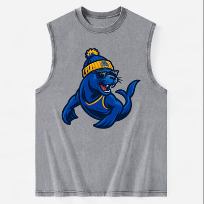 Bay Area Sea Lion wearing Warriors blue and gold beanie with Golden Gate and - Vintage Washed Tank - Grey