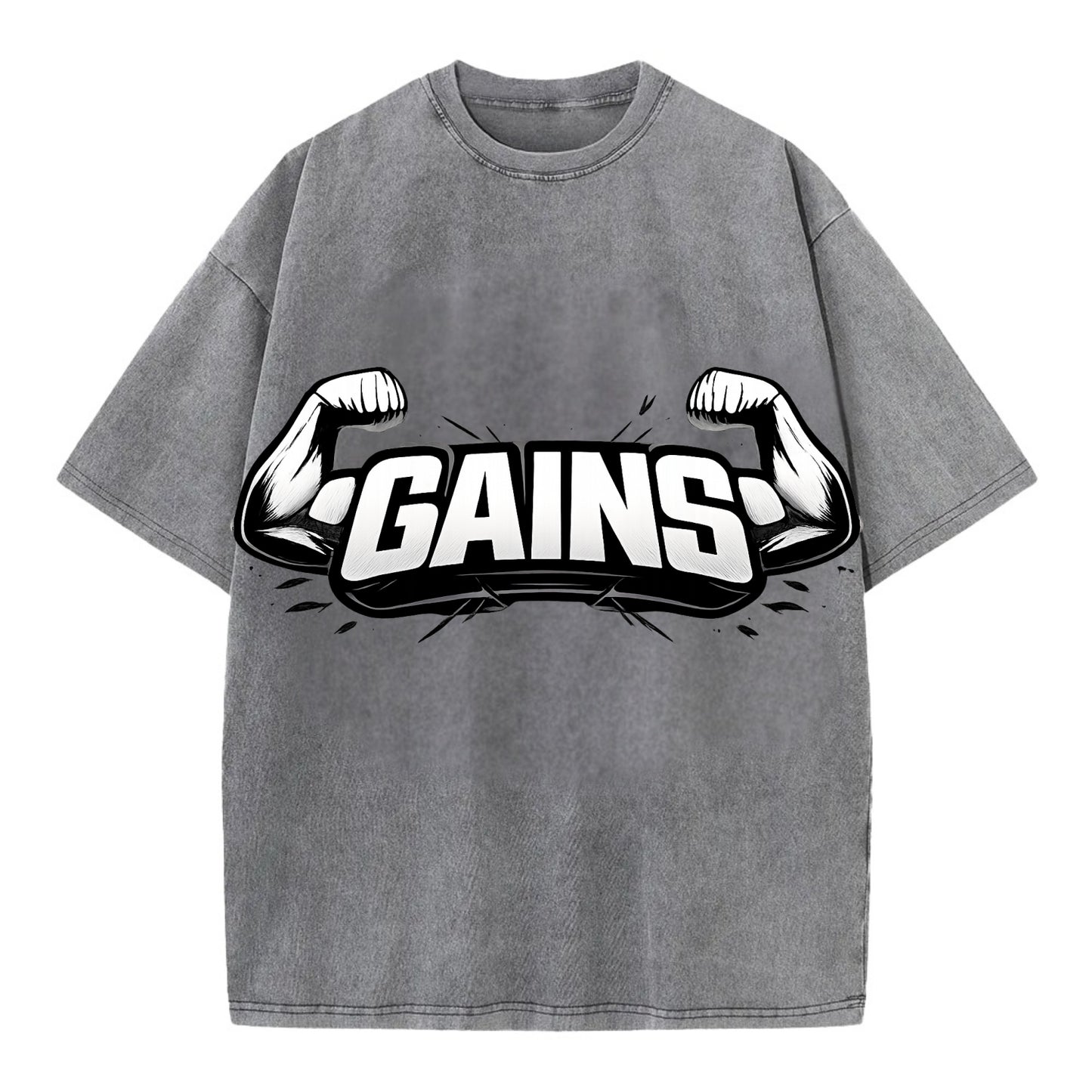 Bold typography design - "GAINS" - muscle growth, progress visible - Vintage T-shirt - Grey