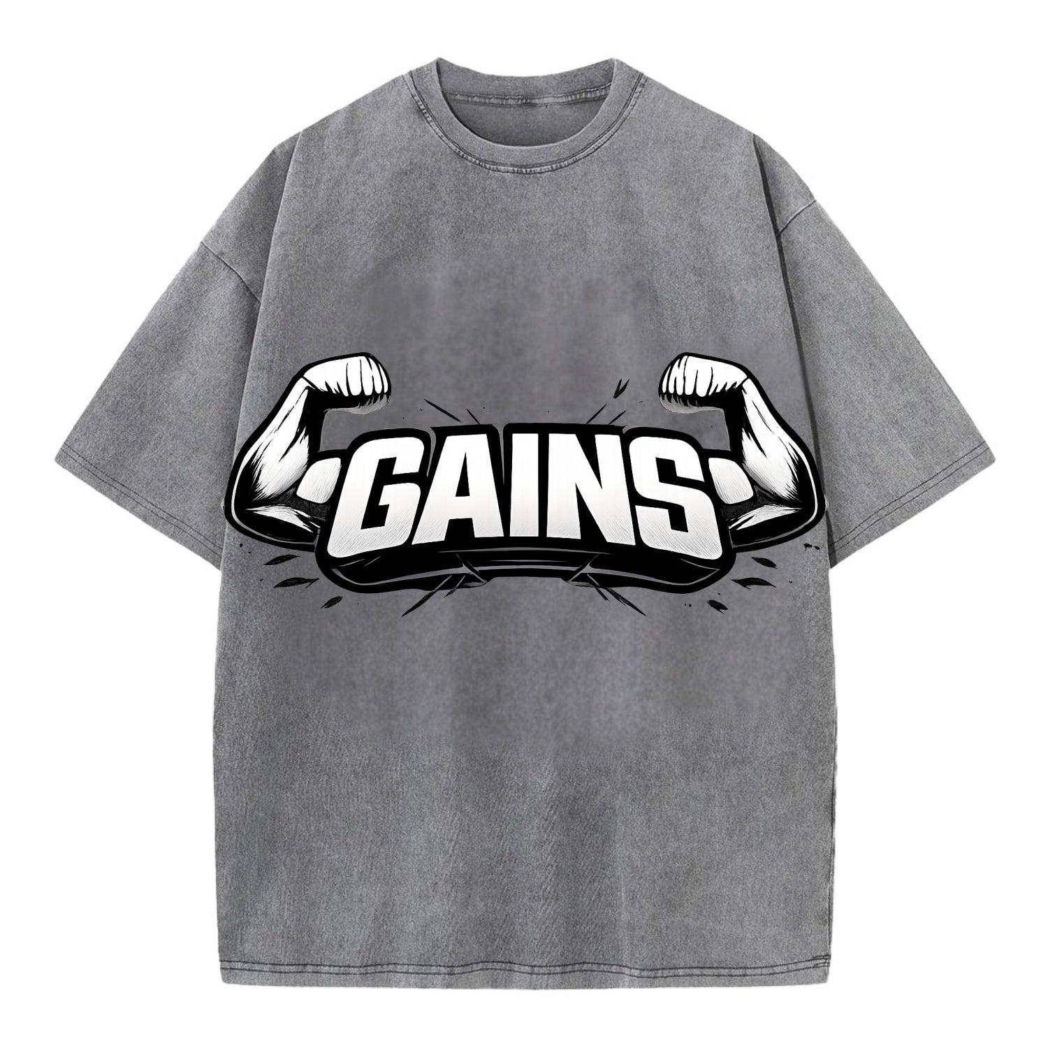 Bold typography design - "GAINS" - muscle growth, progress visible - Vintage T-shirt - Grey