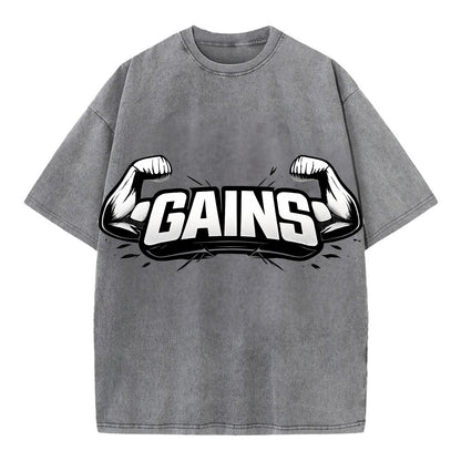 Bold typography design - "GAINS" - muscle growth, progress visible - Vintage T-shirt - Grey
