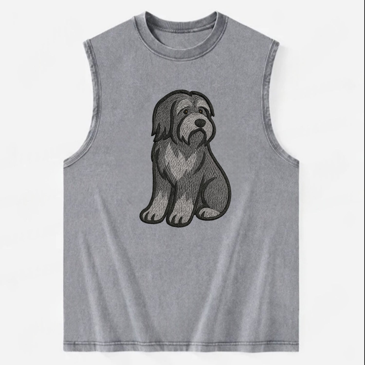 Bearded Collie - Gray shaggy coat embroidered pose - Vintage Washed Tank - Grey