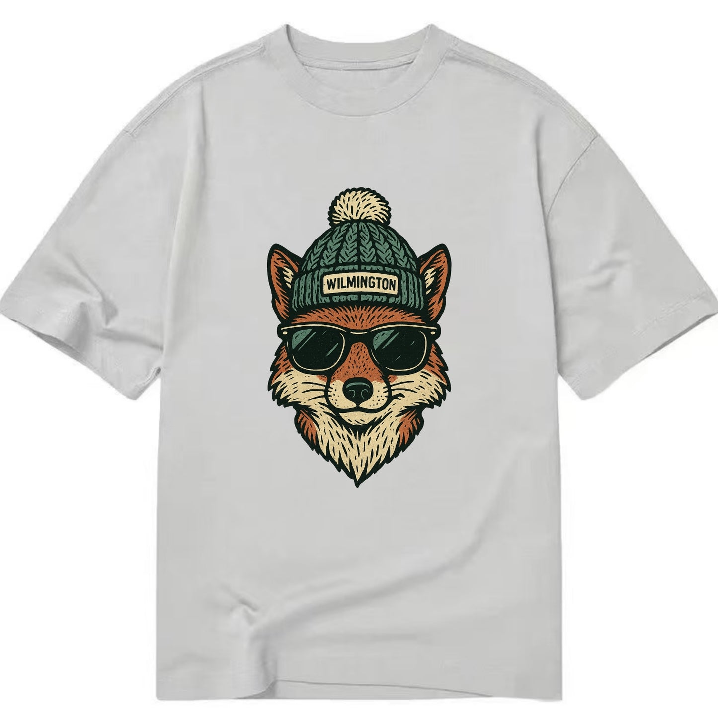 Delaware Gray Fox wearing Wilmington beanie with pom pom and wayfarer sunglasses - Classic T-shirt - Grey