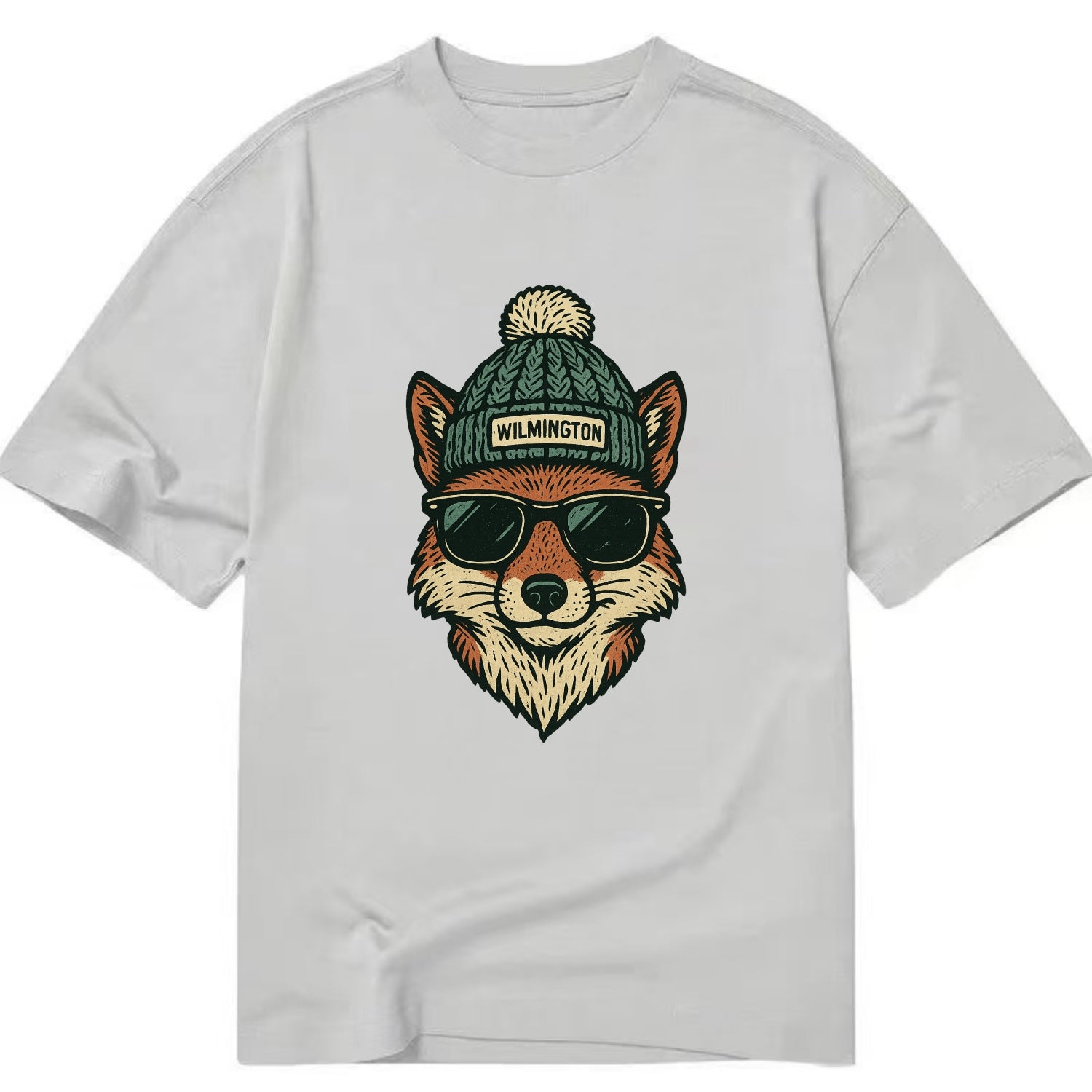 Delaware Gray Fox wearing Wilmington beanie with pom pom and wayfarer sunglasses - Classic T-shirt - Grey